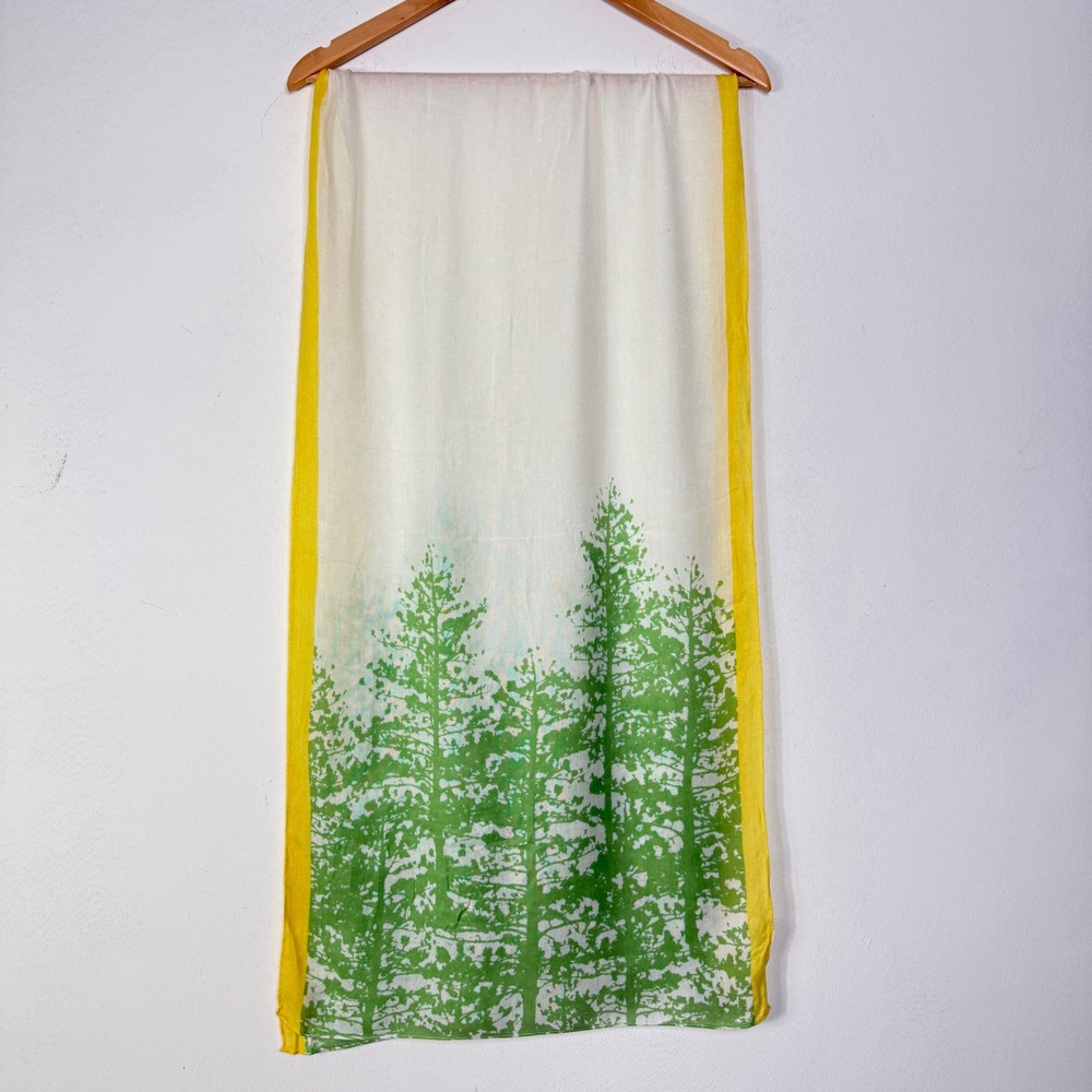 Curia Womens Scarf White Green Yellow Tree Print Sheer Viscose Boho Cottagecore - Picture 5 of 9